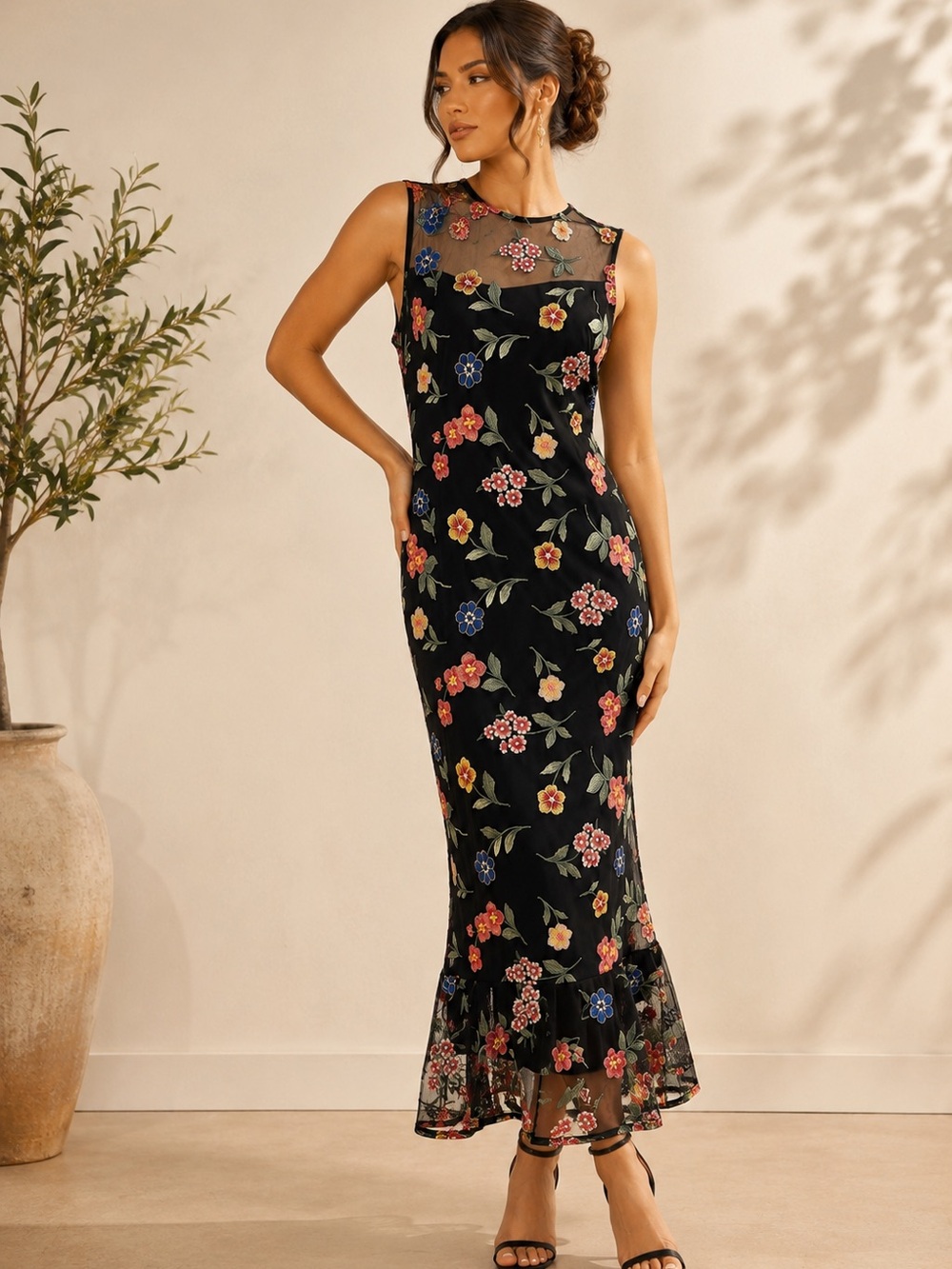 Romantic Calvin Klein NWT Black Pink Floral Embroidered Cottagecore Maxi Dress 6